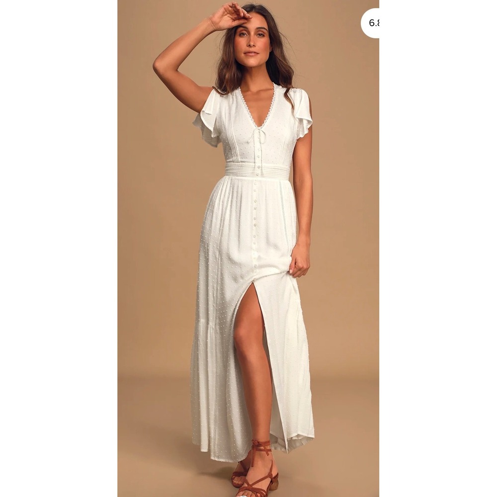 Lulus White Swiss Dot Maxi Dress Cottagecore Button Front Boho Lace‎ Trim Large - Picture 6 of 13